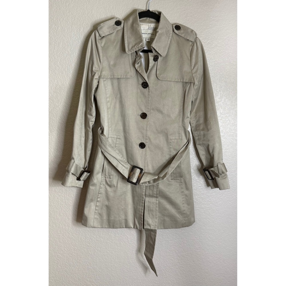 Banana Republic Womens XS Trench Coat Tan Khaki Belted Button Front Epaulettes